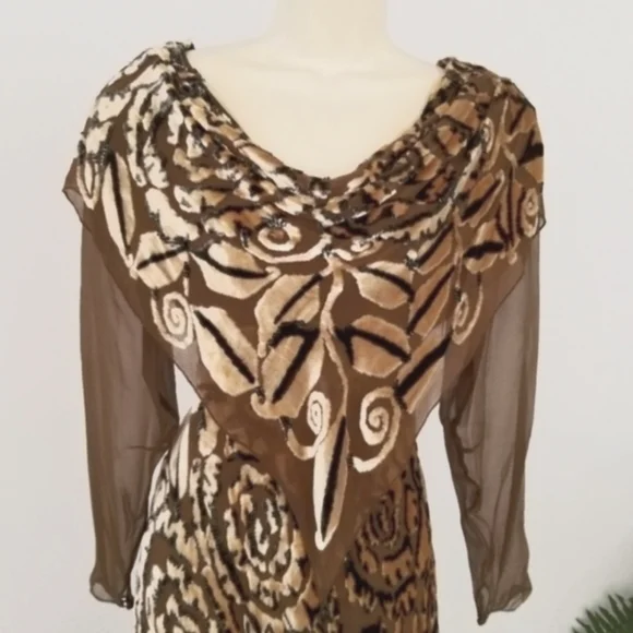 Marian Clayden Neiman Marcus Dress Cut Silk & Velvet Burnout Maxi Tan Size M - Picture 8 of 17